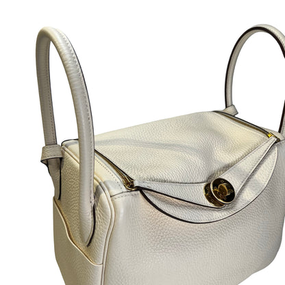 Used HERMES Leather Clemence Lindy Handbag Cream Off-White