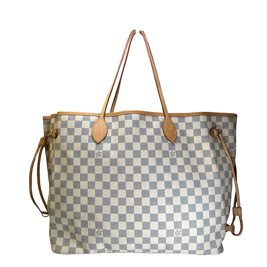 Used LOUIS VUITTON Damier Azur Canvas Neverfull Tote Bag White Blue Beige