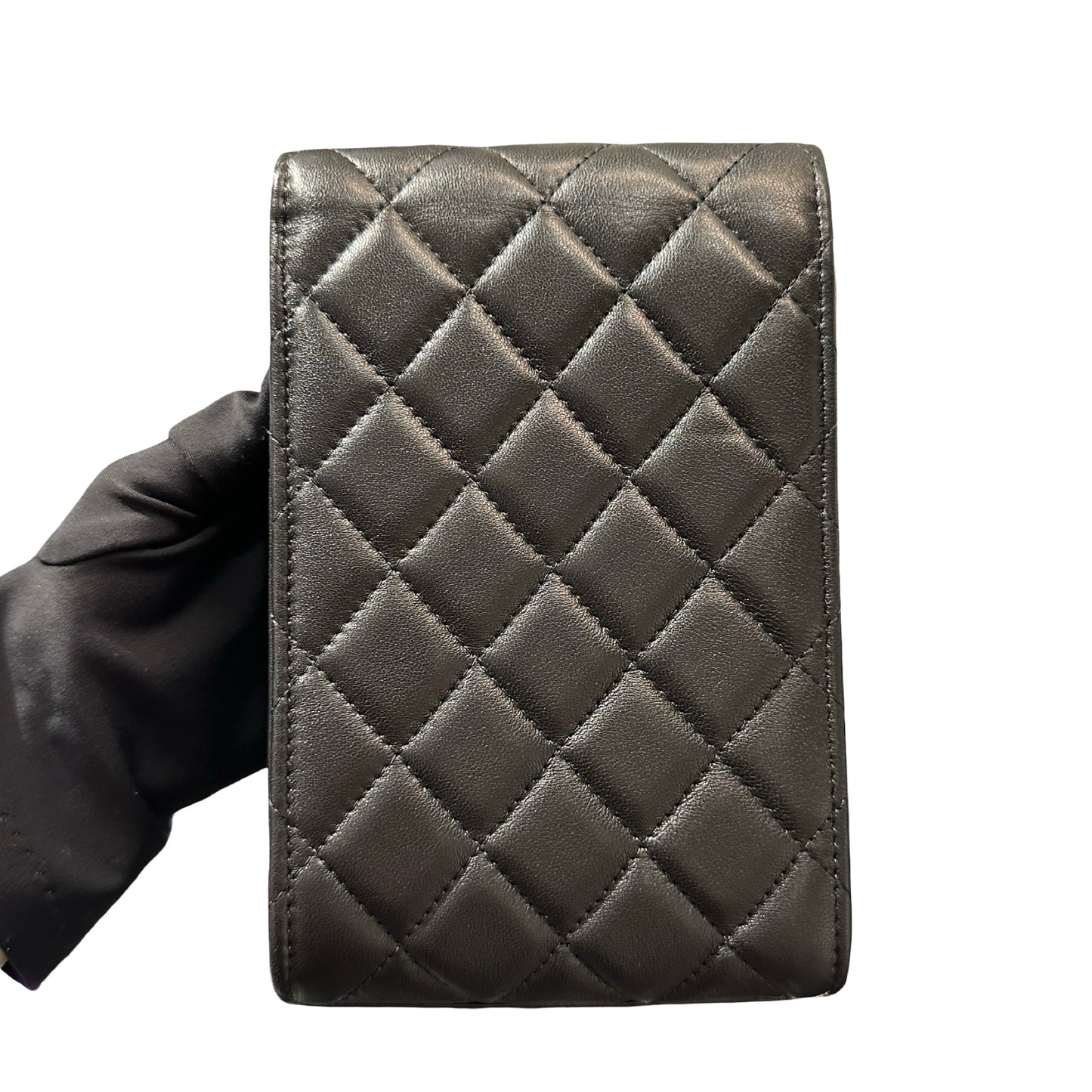 Used Chanel Lambskin Leather Phone with gold ball Cross Body Bag Black GHW