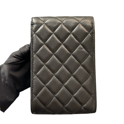 Used Chanel Lambskin Leather Phone with gold ball Cross Body Bag Black GHW
