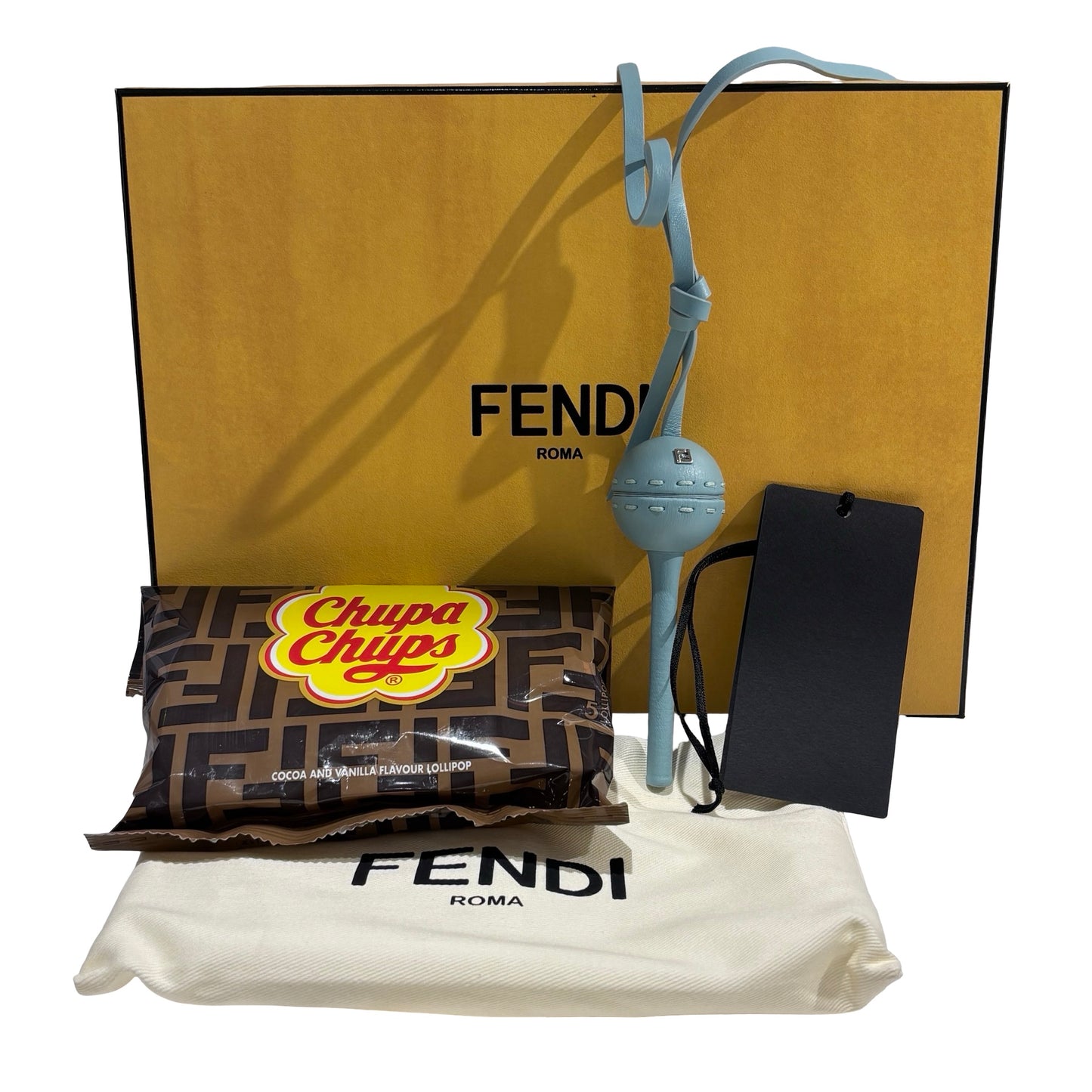 Used FENDI FF Logo Lollipop Holder Charm Accessories Light Blue Brown