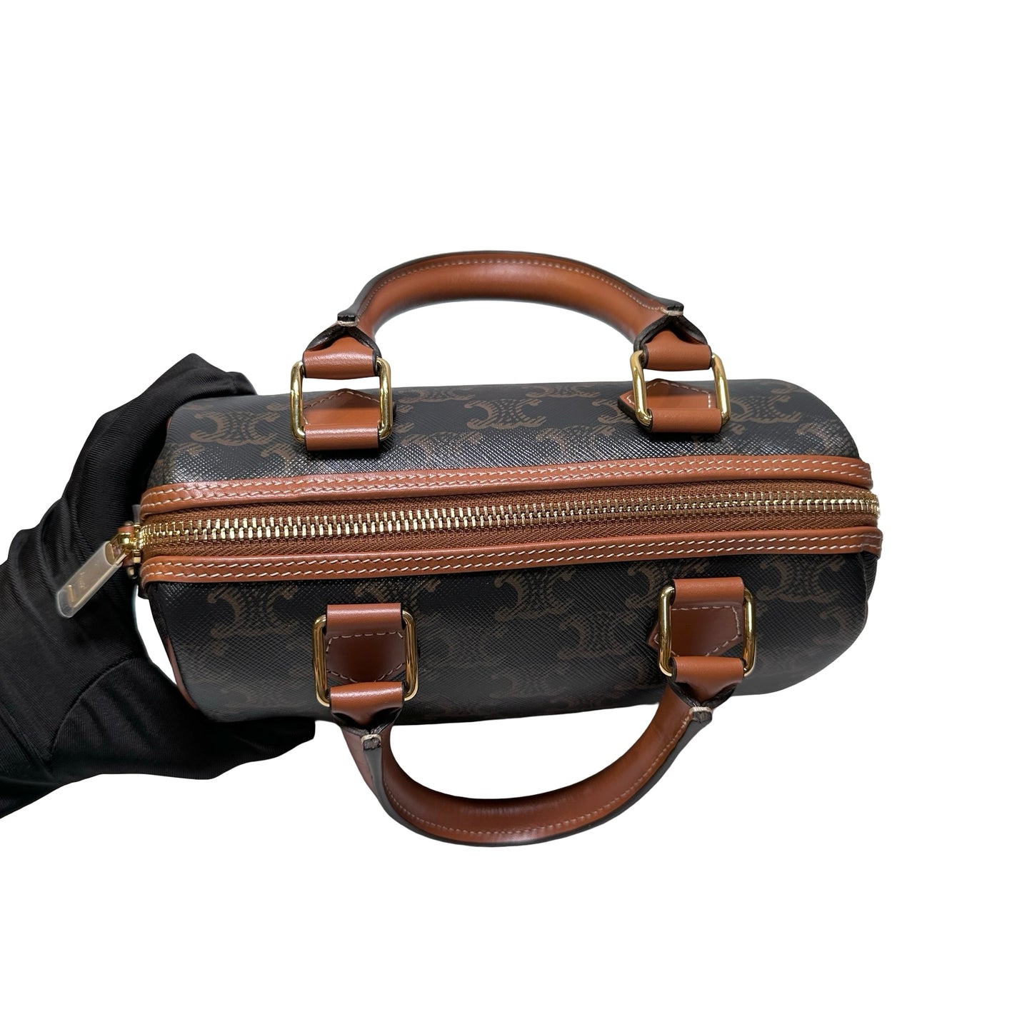 Used CÉLINE Calfskin Leather TRIOMPHE Canvas Boston small Shoulder Bag Brown GHW