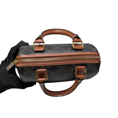 Used CÉLINE Calfskin Leather TRIOMPHE Canvas Boston small Shoulder Bag Brown GHW