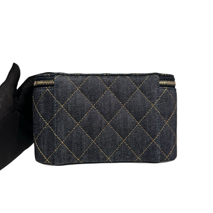 Used CHANEL Quilted Denim Vanity Case Vanity case Navy blue