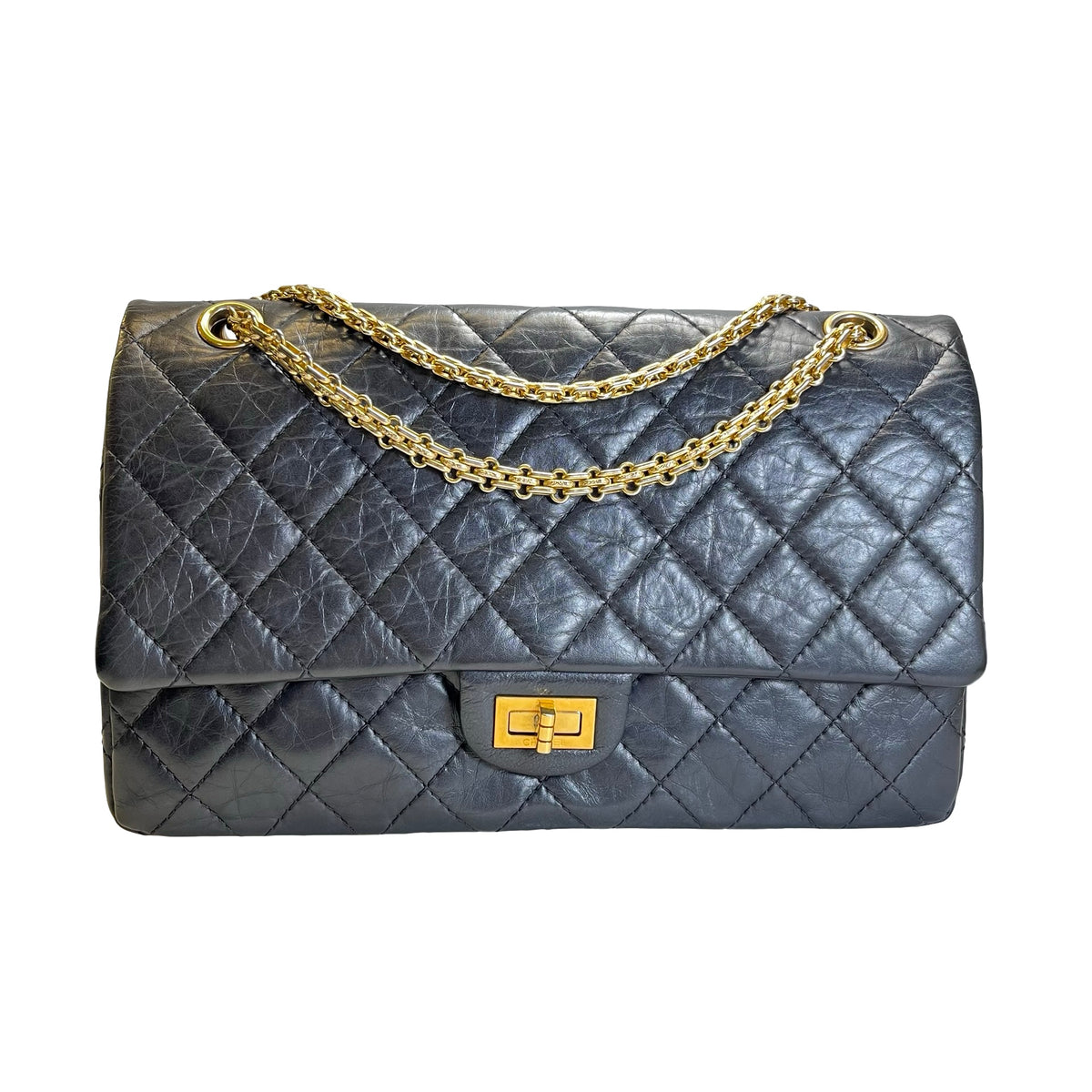 Used CHANEL Calfskin 2.55 Medium 28 Chain Shoulder Bag Black Gold