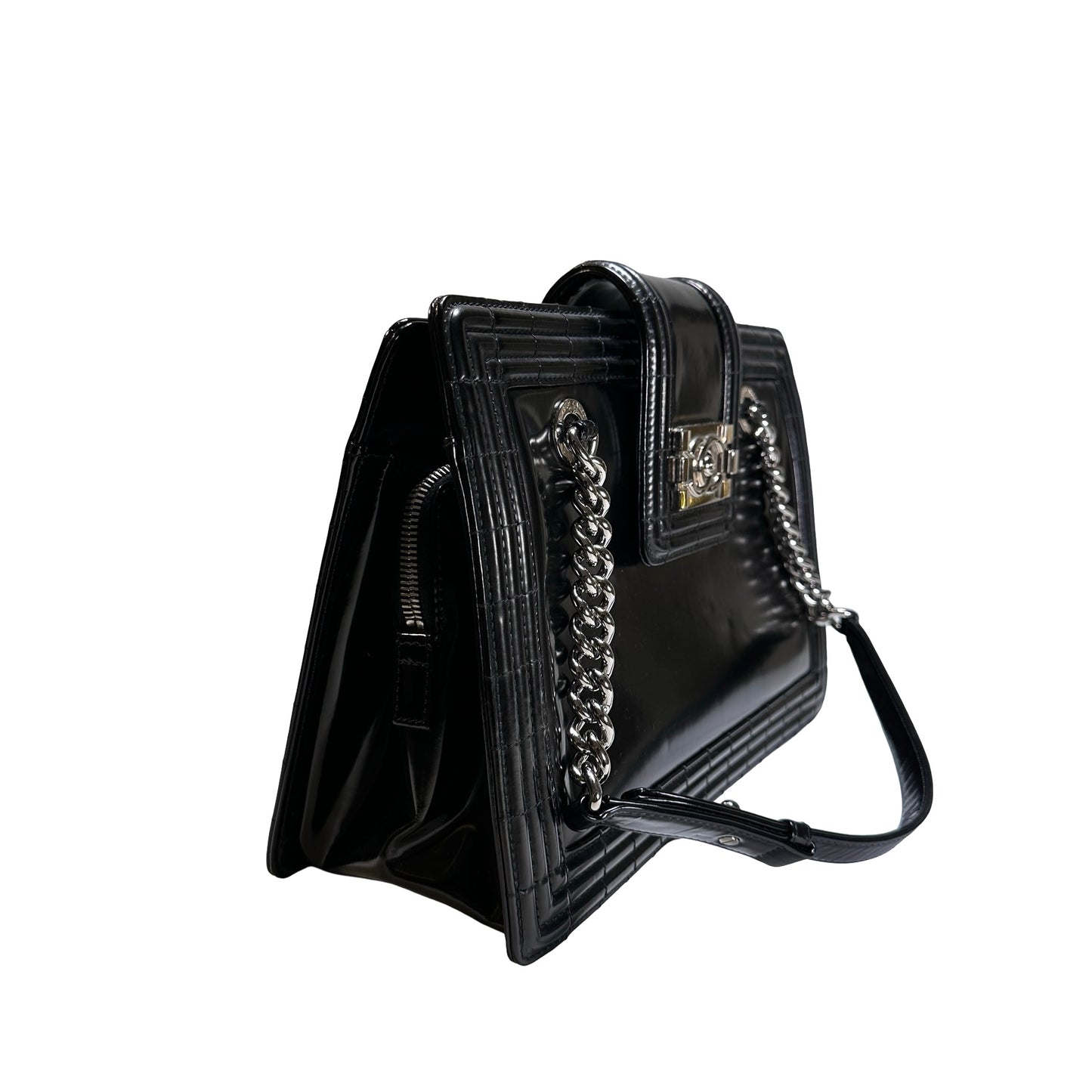 Used CHANEL Patent Leather Boy Shopping Tote Tote Bag Black PHW