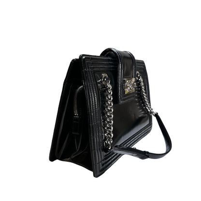 Used CHANEL Patent Leather Boy Shopping Tote Tote Bag Black PHW