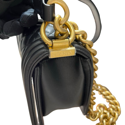 Used CHANEL Calfskin Leather Boy 20cm Shoulder Bag Black GHW