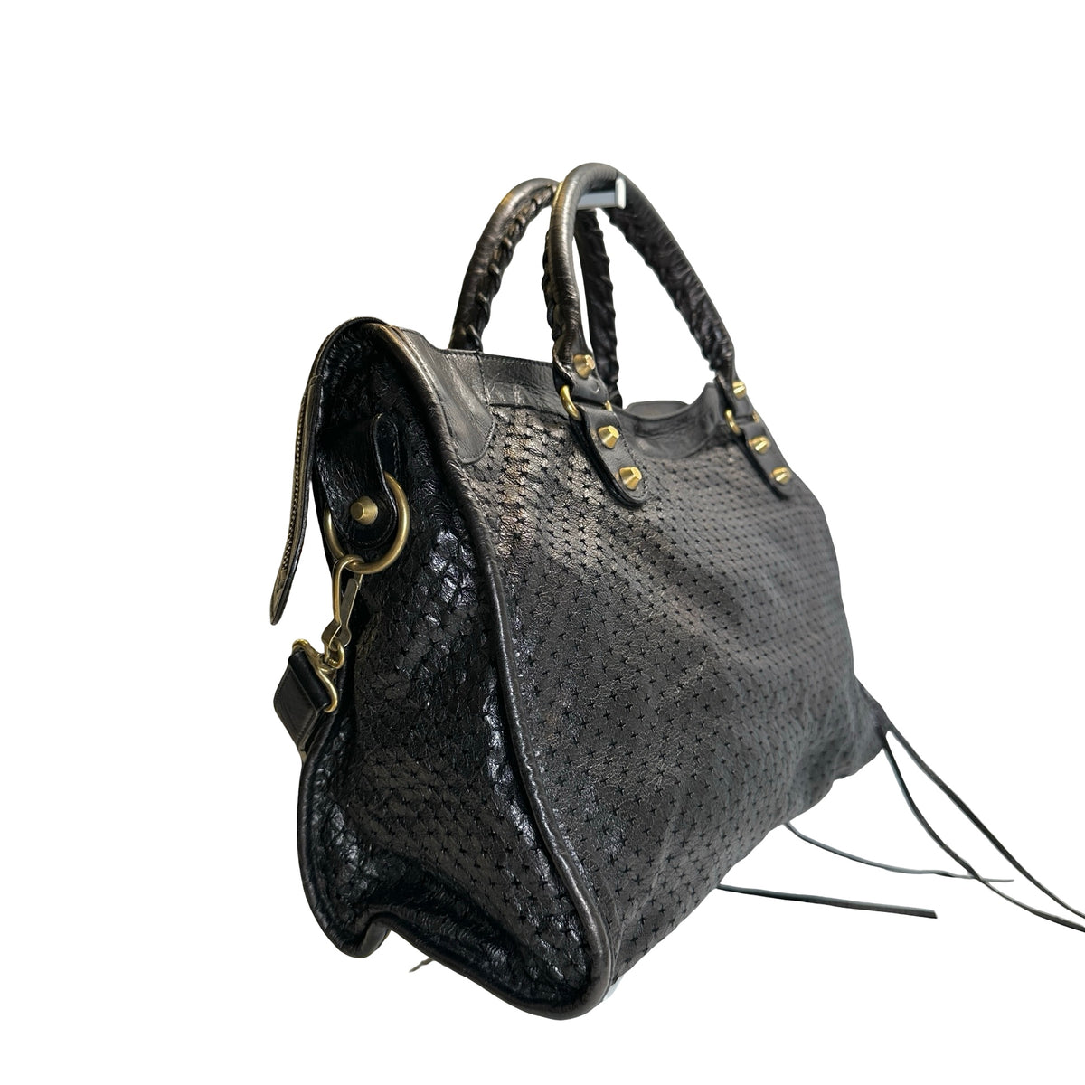 Used BALENCIAGA Leather Perforated City Handbag Black