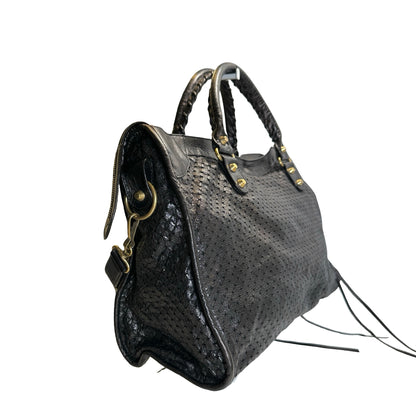 Used BALENCIAGA Leather Perforated City Handbag Black