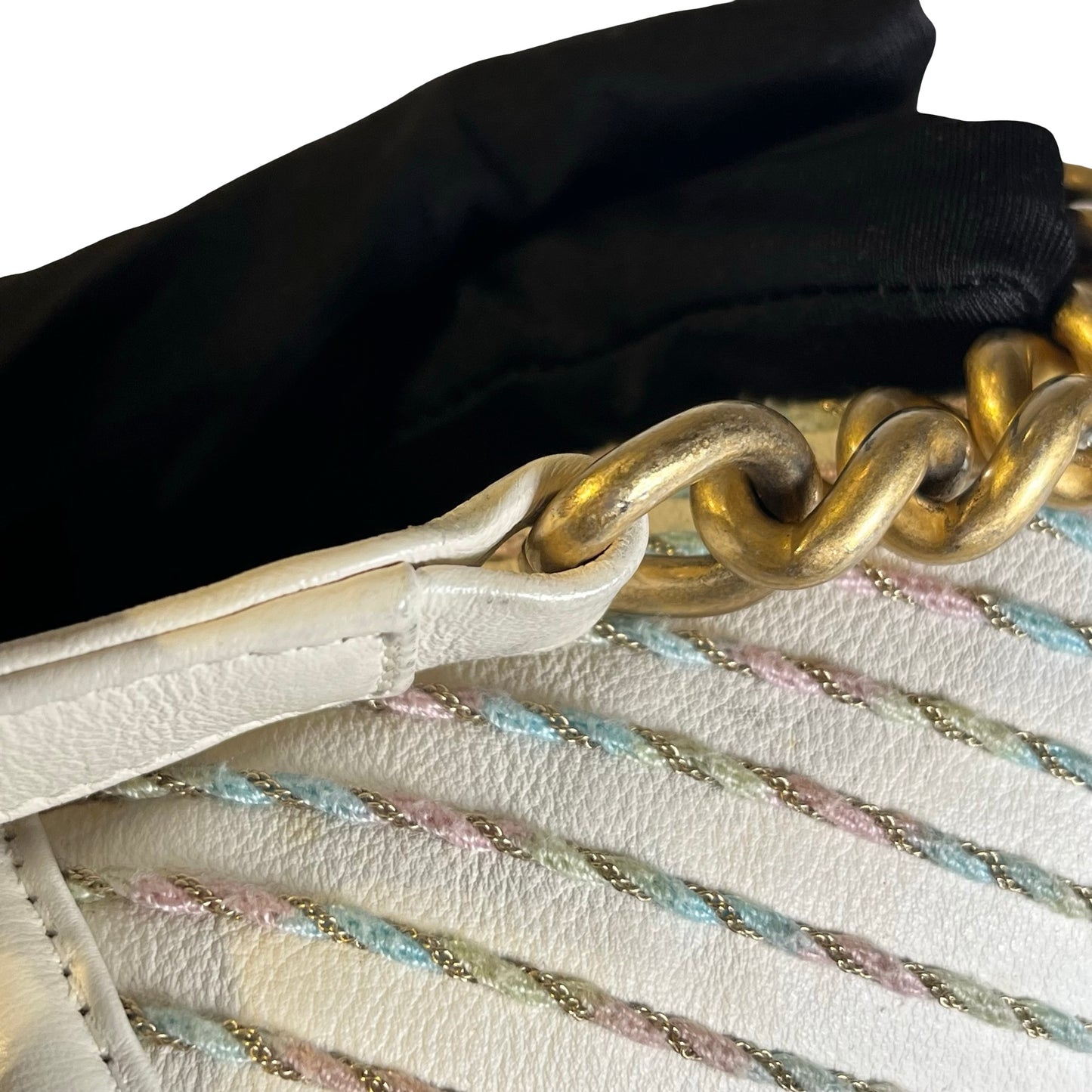 Used CHANEL Chevron Leather Boy Bag Chain Shoulder Bag White Multi-color