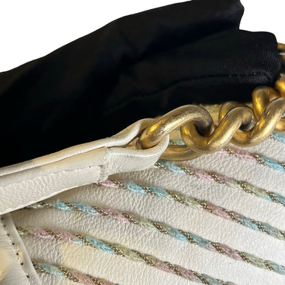 Used CHANEL Chevron Leather Boy Bag Chain Shoulder Bag White Multi-color
