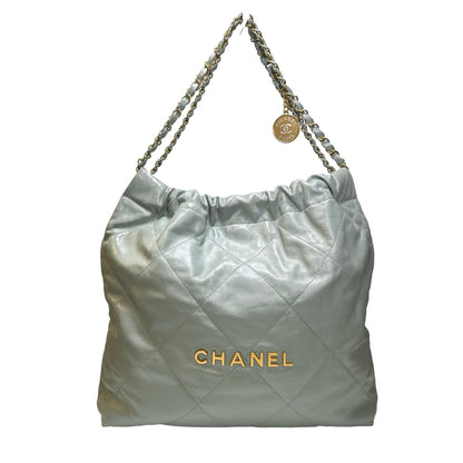 Used CHANEL Calfskin Leather 22 Medium Shoulder Bag Grey GHW