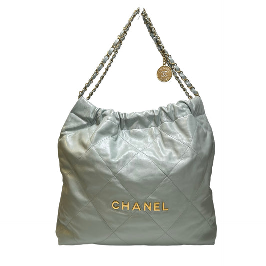 Used CHANEL Calfskin Leather 22 Medium Shoulder Bag Grey GHW