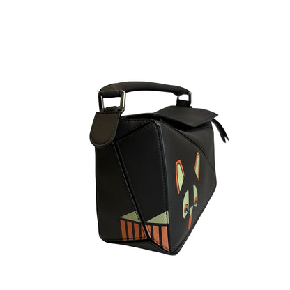 Used LOEWE Calfskin Puzzle Bag Small Shoulder Bag Black Orange Green