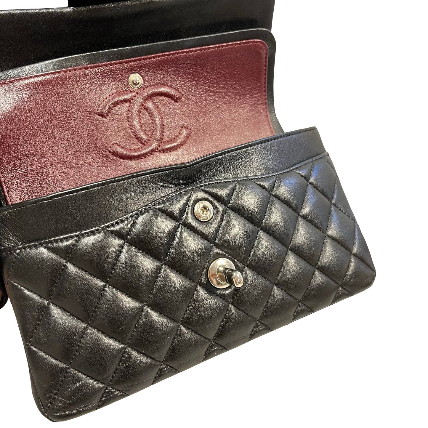 Used CHANEL Quilted Lambskin Classic Flap Chain shoulder bag Black Silver hardware