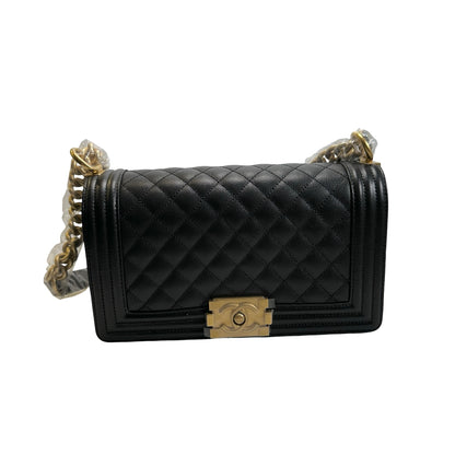 Used CHANEL Caviar Skin Boy25 Chain Shoulder Bag Black，GHW