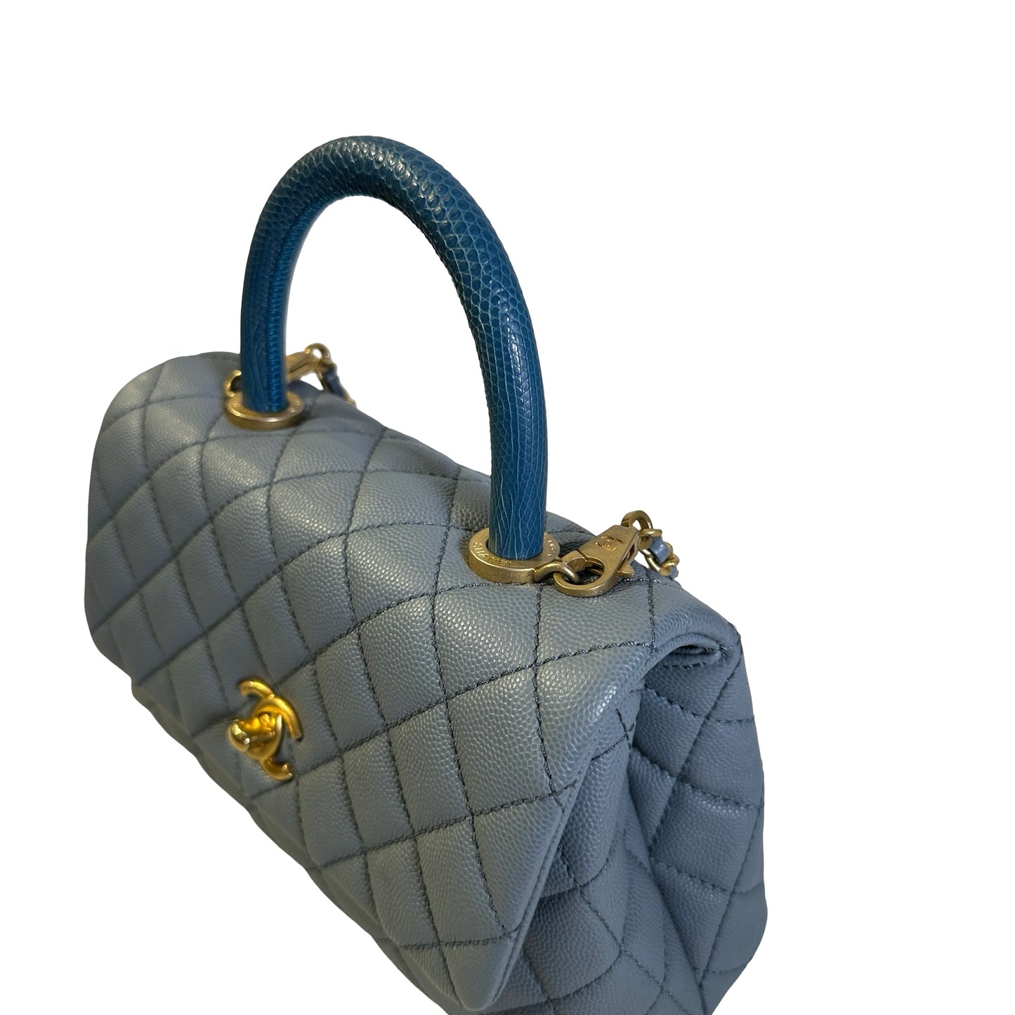Used CHANEL Quilted Caviar Lizard Coco Handle Handbag Blue