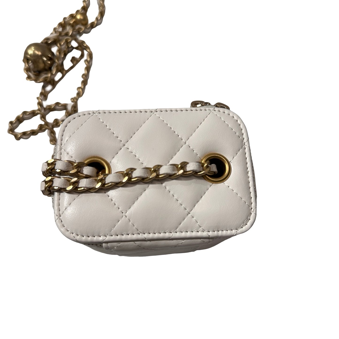 Used CHANEL Lambskin Leather Vanity Case with Gold Ball Cross Body Bag White GHW