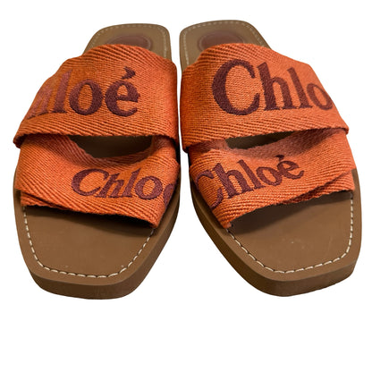 Used CHLOE Logo Woody Flat Mule Shoes Orange Brown