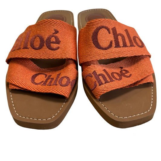 Used CHLOE Logo Woody Flat Mule Shoes Orange Brown