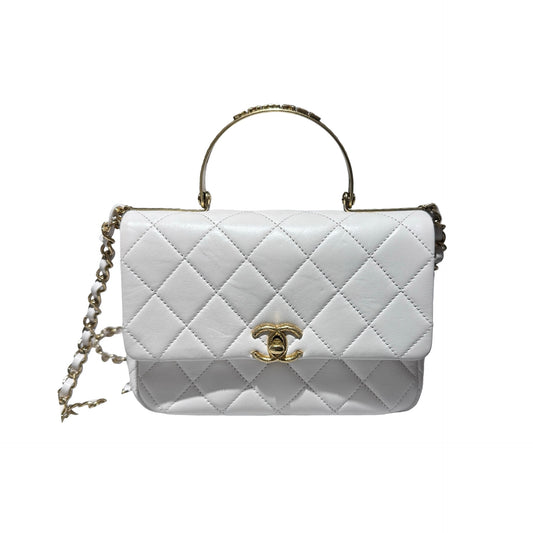 Used CHANEL Calfskin Leather Flap with Handle Cross Body Bag White GHW