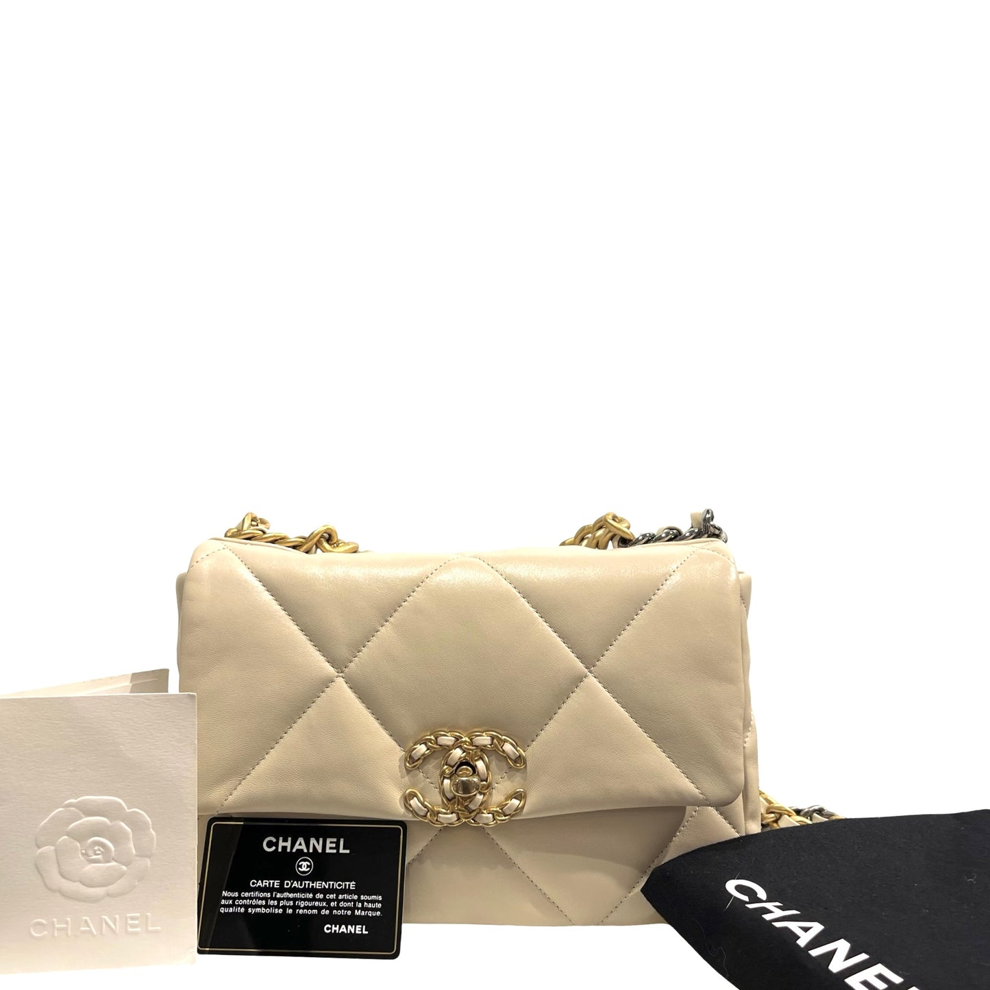 Used CHANEL Lambskin Quilted Chanel 19 Chain Shoulder Bag Cream White GHW