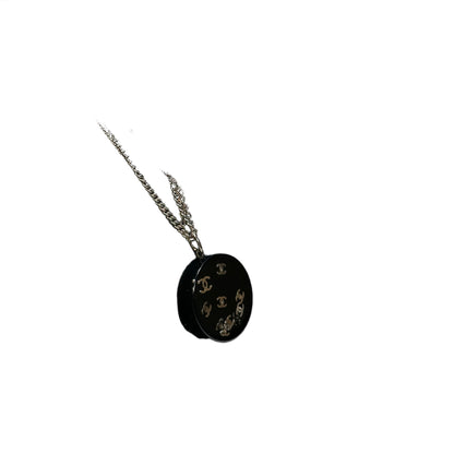 Used CHANEL Black Round Pendant Necklace with Silver CC Logos Necklace Black Silver