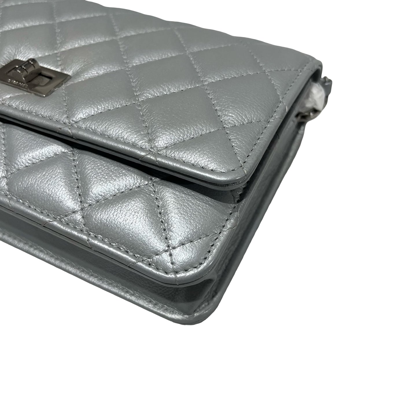Used CHANEL Calfskin Leather 2.55 WOC Cross Body Bag Grey PHW