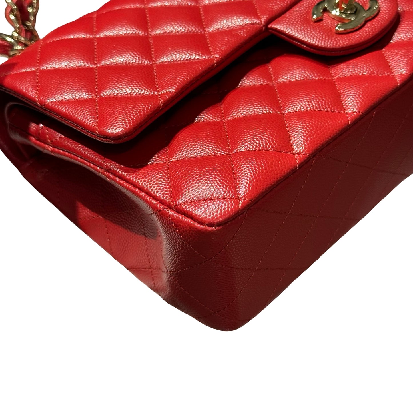 Used CHANEL Quilted Caviar Classic Flap 25 Shoulder Bag Red Gold