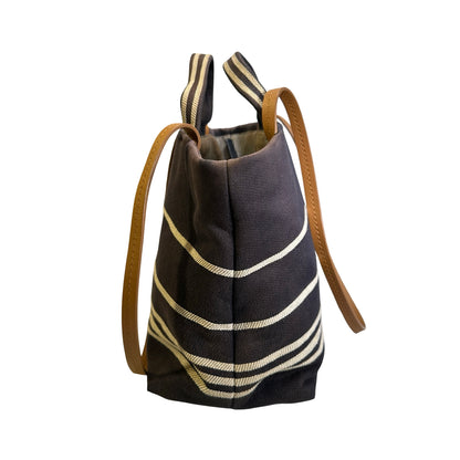 Used CHANEL Stripes CC Logo Deauville Tote Bag Navy Blue White Tan