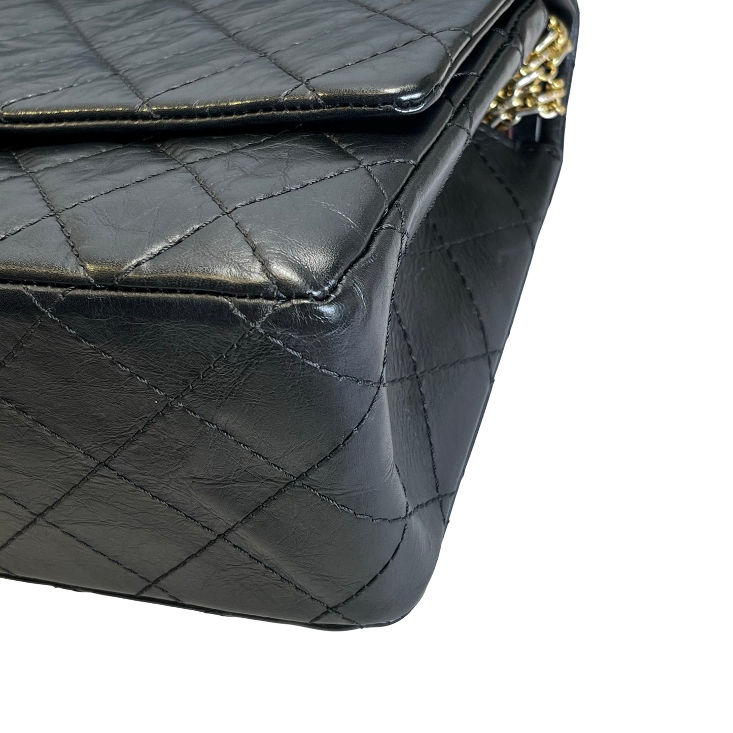 Used CHANEL Calfskin 2.55 Medium 28 Chain Shoulder Bag Black Gold