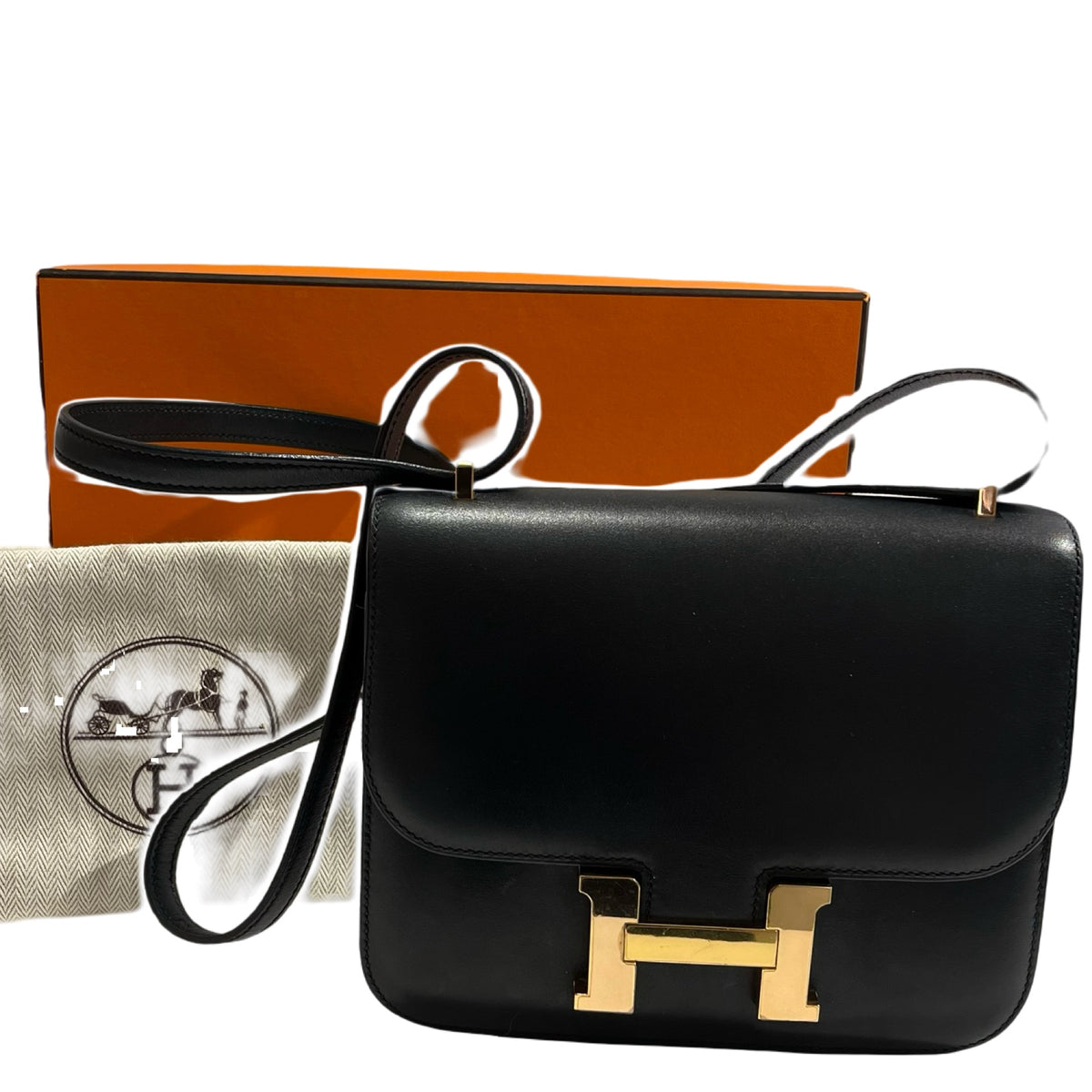 Used HERMES Box Calf Mini Constance Shoulder Bag Black Gold