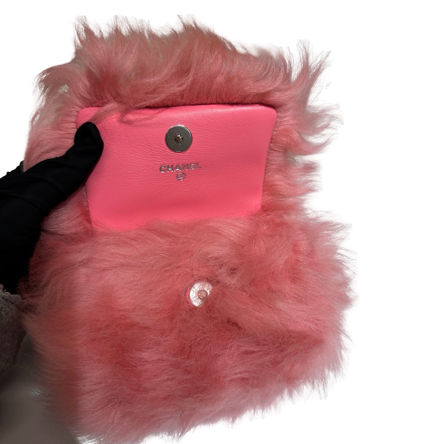 New CHANEL Lambskin Leather Shearing Jewel Hook Card Holder Pouchette Pink PHW
