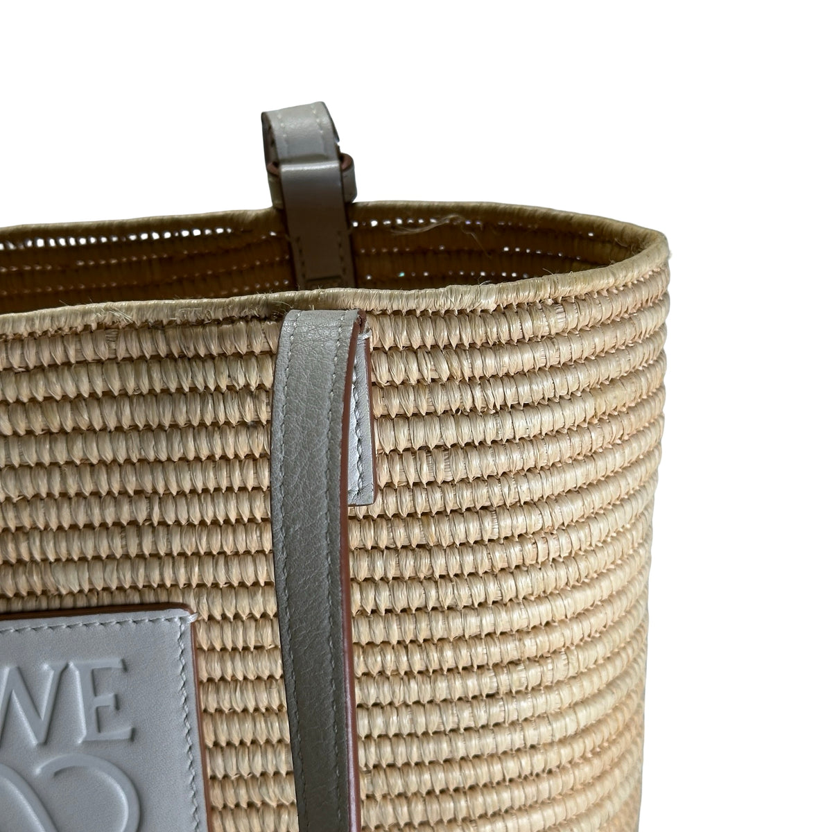 Used LOEWE Raffia Calfskin Square Basket Basket Bag Natural White