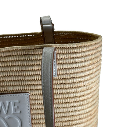 Used LOEWE Raffia Calfskin Square Basket Basket Bag Natural White