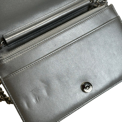 Used CHANEL Camellia Leather woc Wallet on chain Silver，Phw
