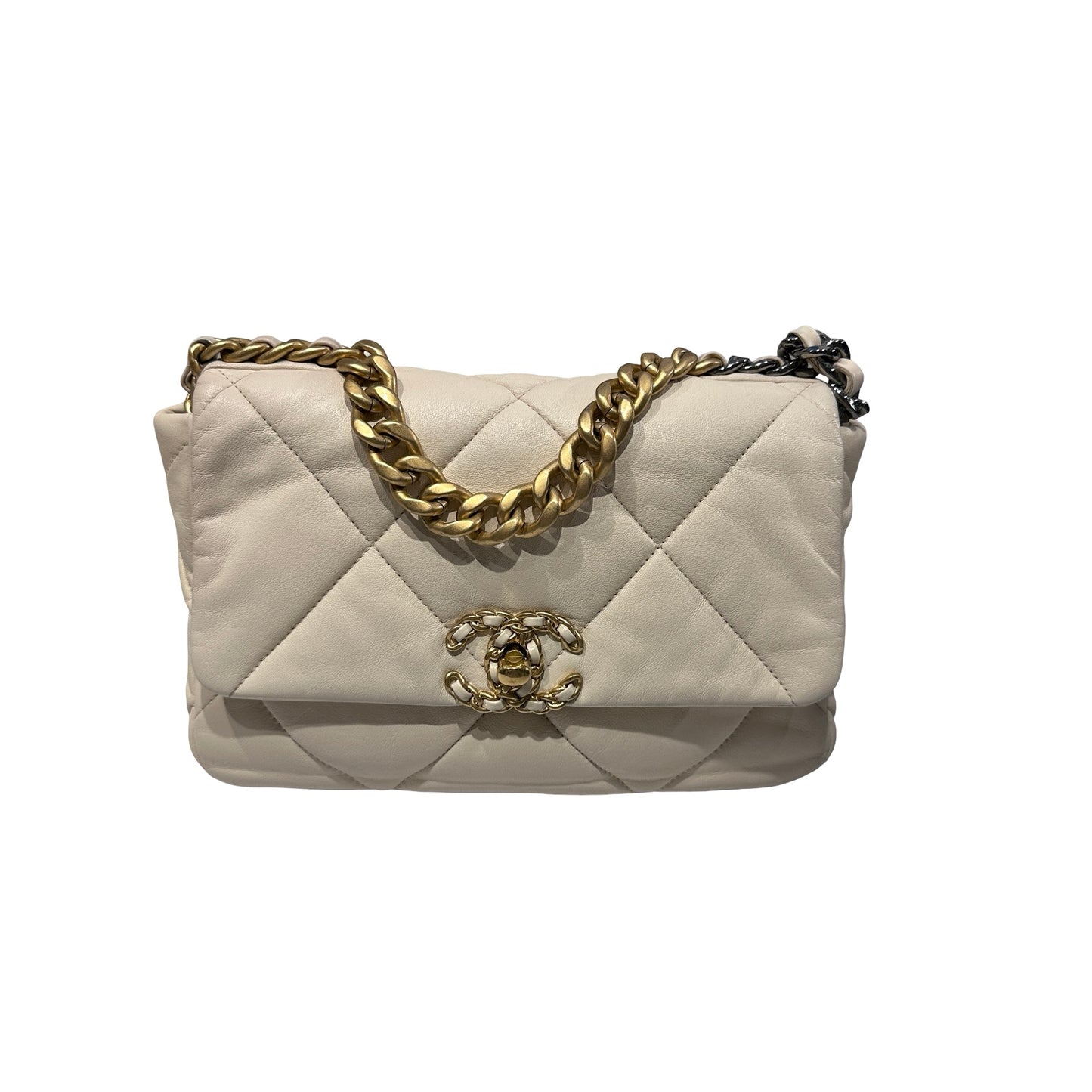 Used CHANEL Lambskin Leather 19 Small Shoulder Bag Beige GHW