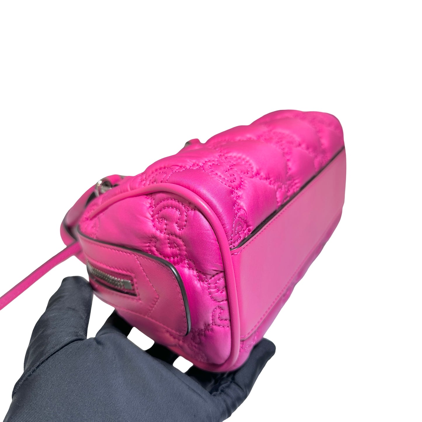 Used GUCCI GG CANVAS Calfskin Leather GG Matelasse Mini Bowling Handbag Pink PHW