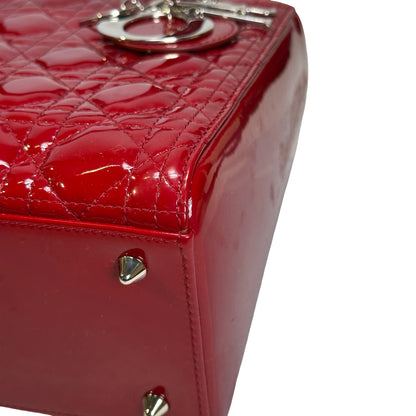 Used DIOR Cannage Patent Leather Lady Dior Handbag Red