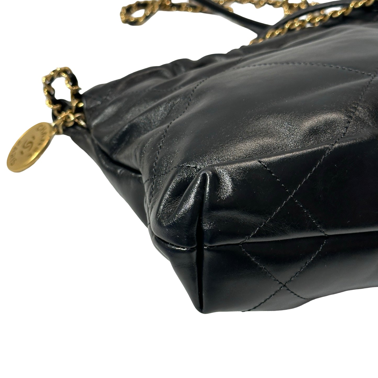 Used CHANEL Shiny Calfskin Mini 22 Shoulder Bag Black GHW