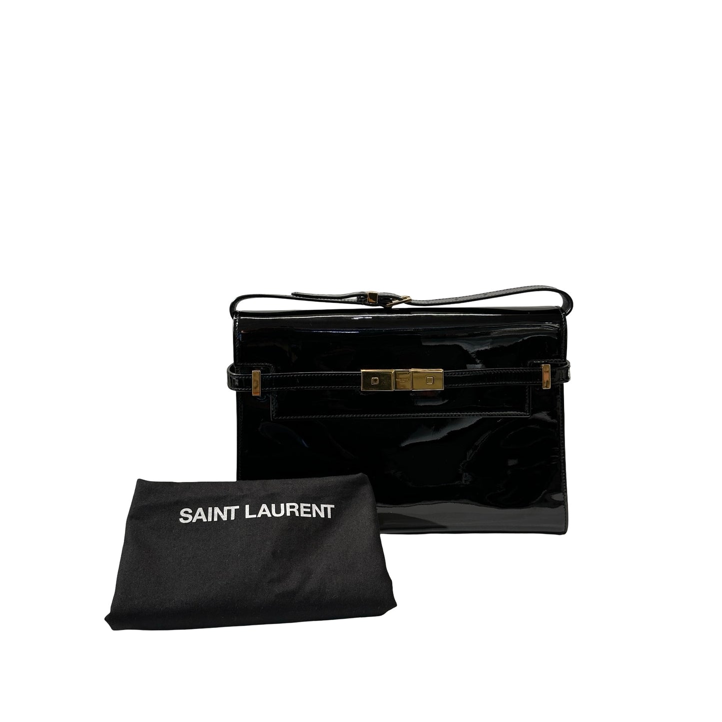 Used SAINT LAURENT Patent Leather Manhattan Medium Shoulder Bag Black GHW
