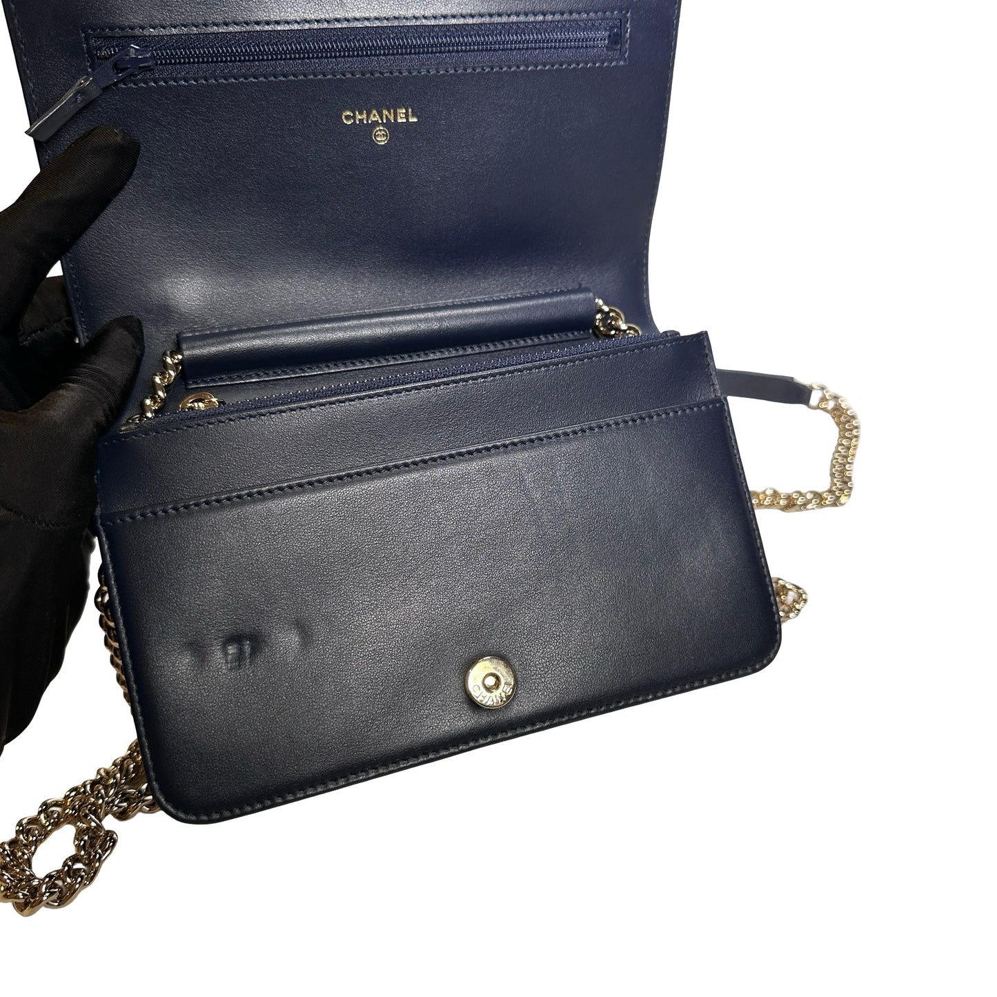 Used CHANEL Quilted BOY CHANEL WALLET ON CHAIN Wallet on chain Navy GHW