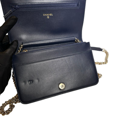 Used CHANEL Quilted BOY CHANEL WALLET ON CHAIN Wallet on chain Navy GHW