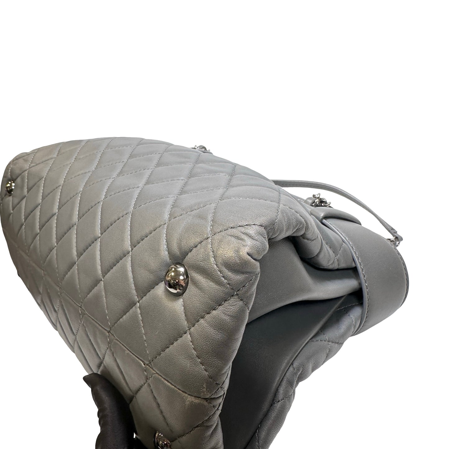 Used CHANEL Lambskin Leather Grey Tote Bag Grey PHW