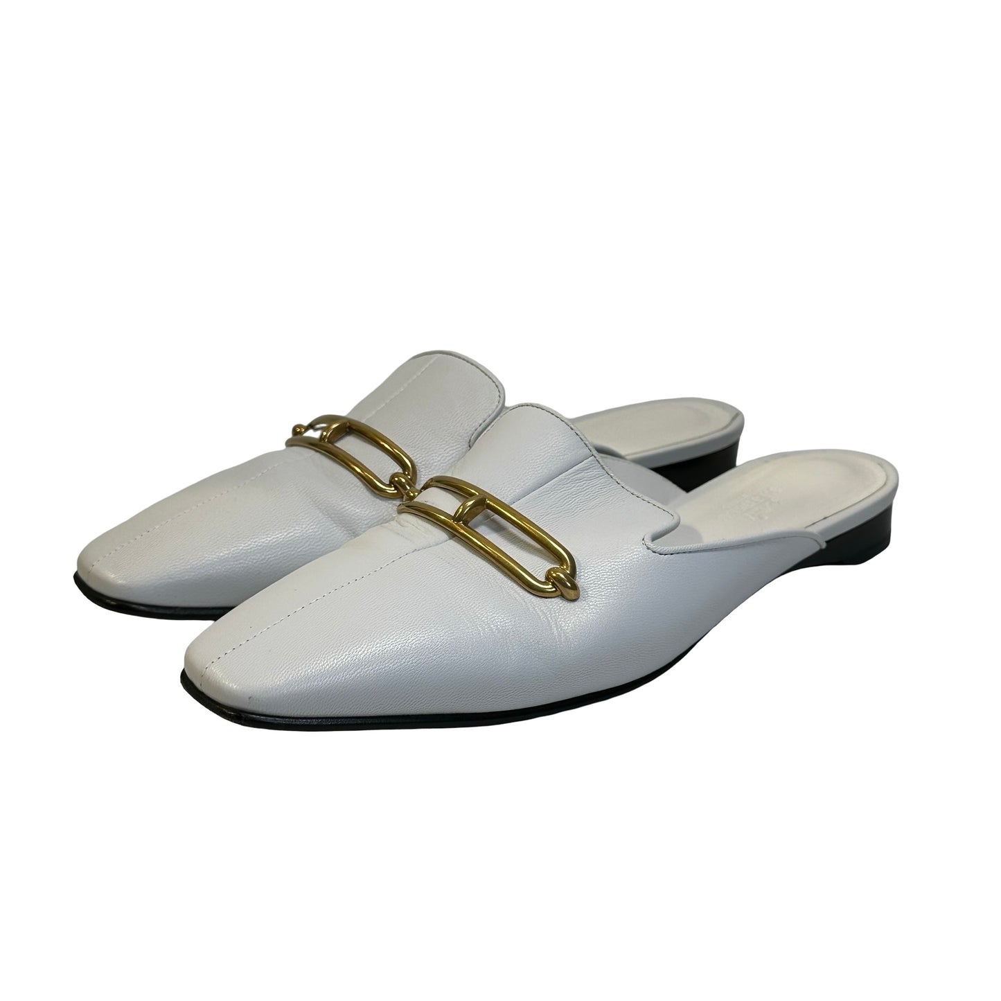 Used HERMES Leather Mules Shoes White Gold