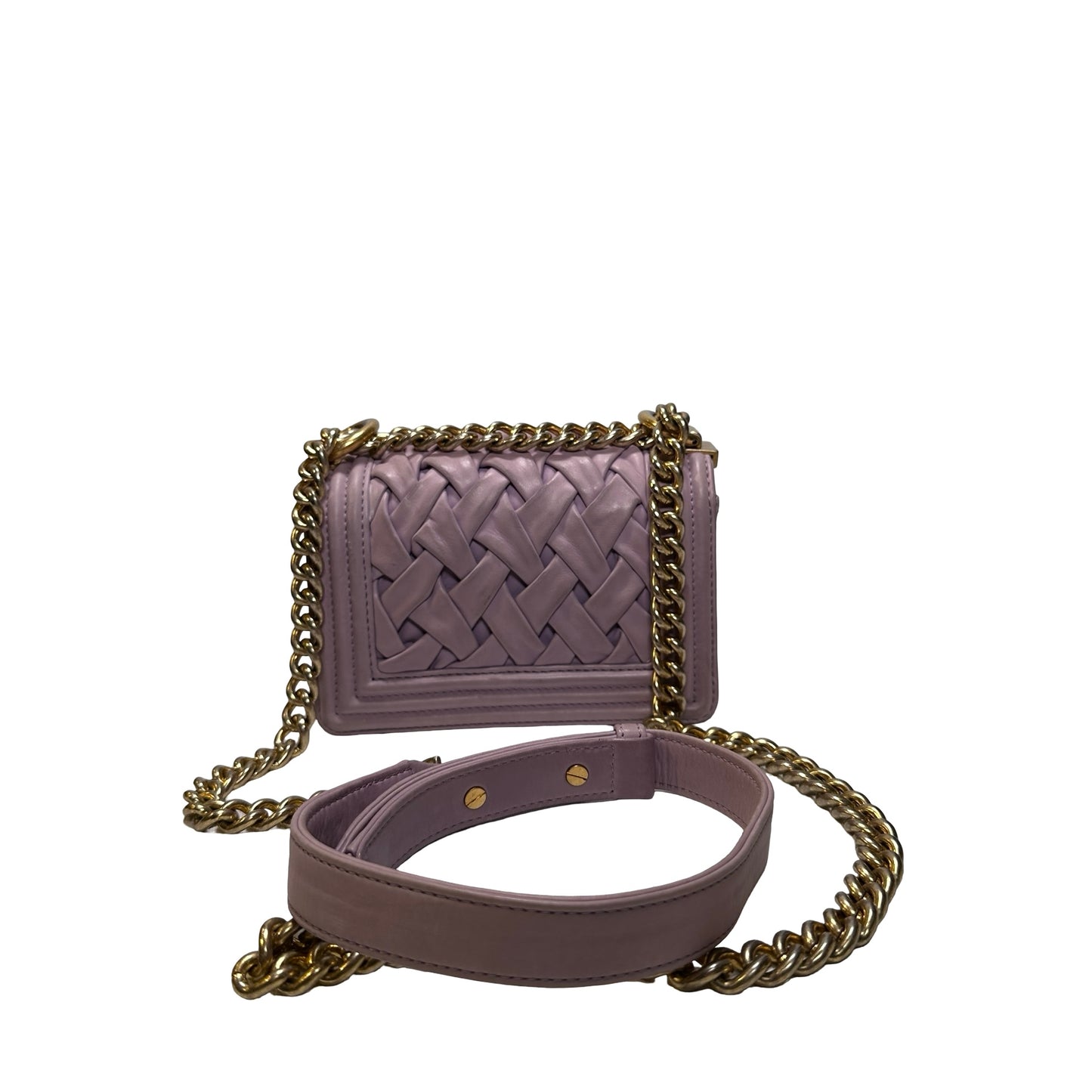 Used CHANEL Braided Lambskin Boy Chain Shoulder Bag Lilac Gold
