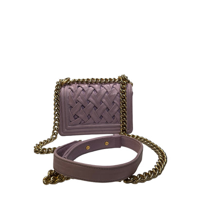 Used CHANEL Braided Lambskin Boy Chain Shoulder Bag Lilac Gold