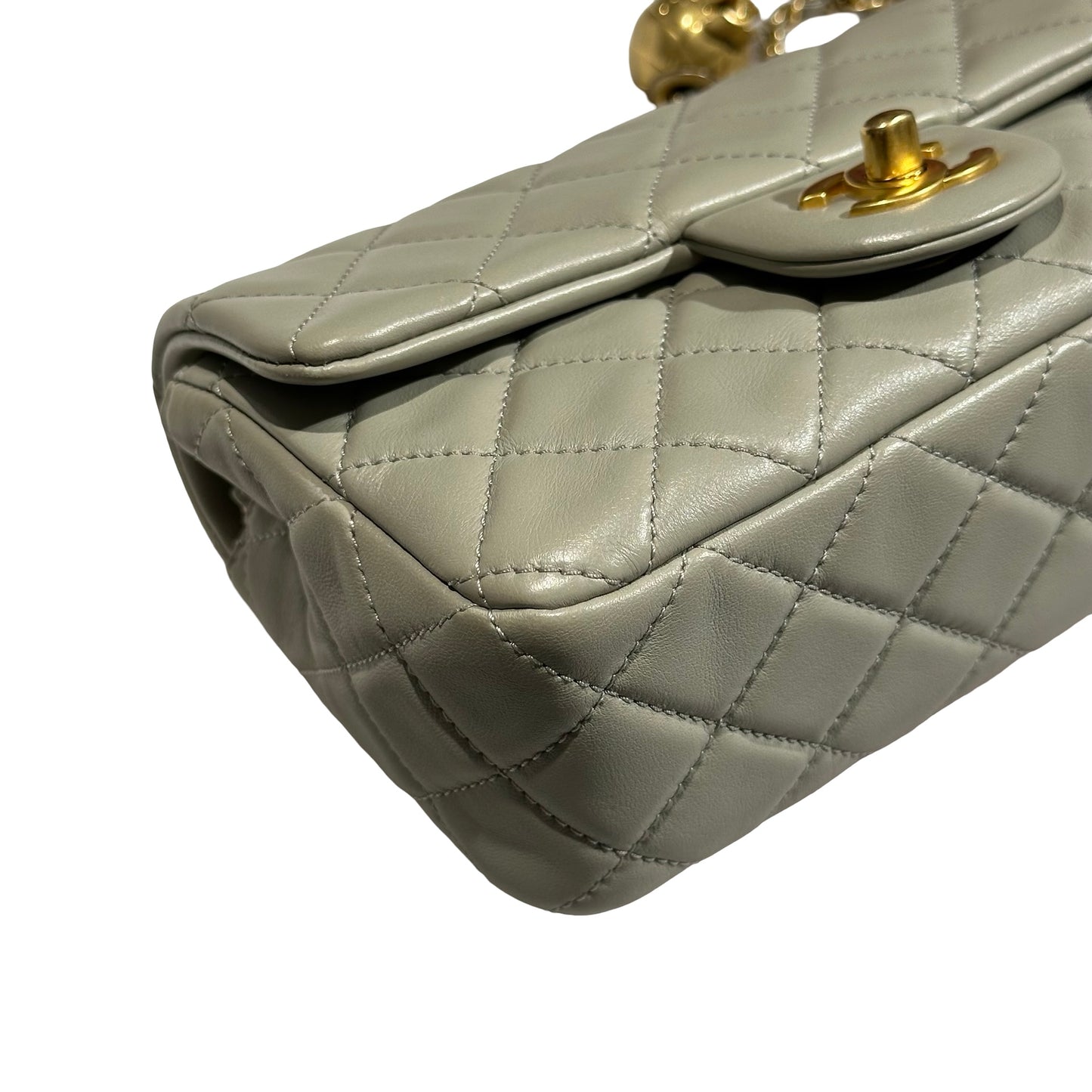 Used CHANEL Lambskin Leather Classic Flap with Gold Ball Chain Shoulder Bag Grey GHW