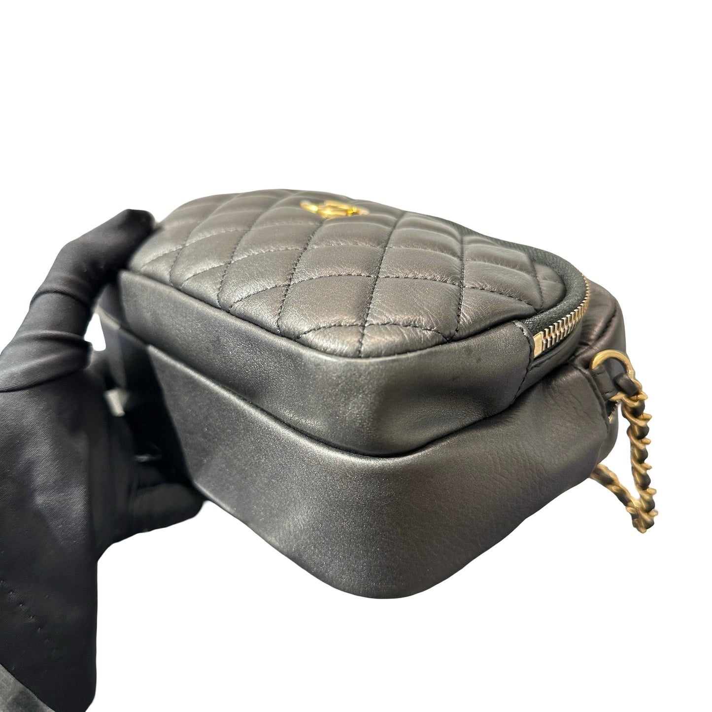 Used Chanel Calfskin Leather Camera Shoulder Bag Black GHW